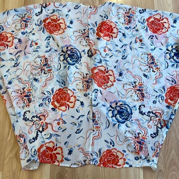 Peony Floral Red Blue Sheer Open Front Oversized Cardigan Small - Picture 6 of 6
